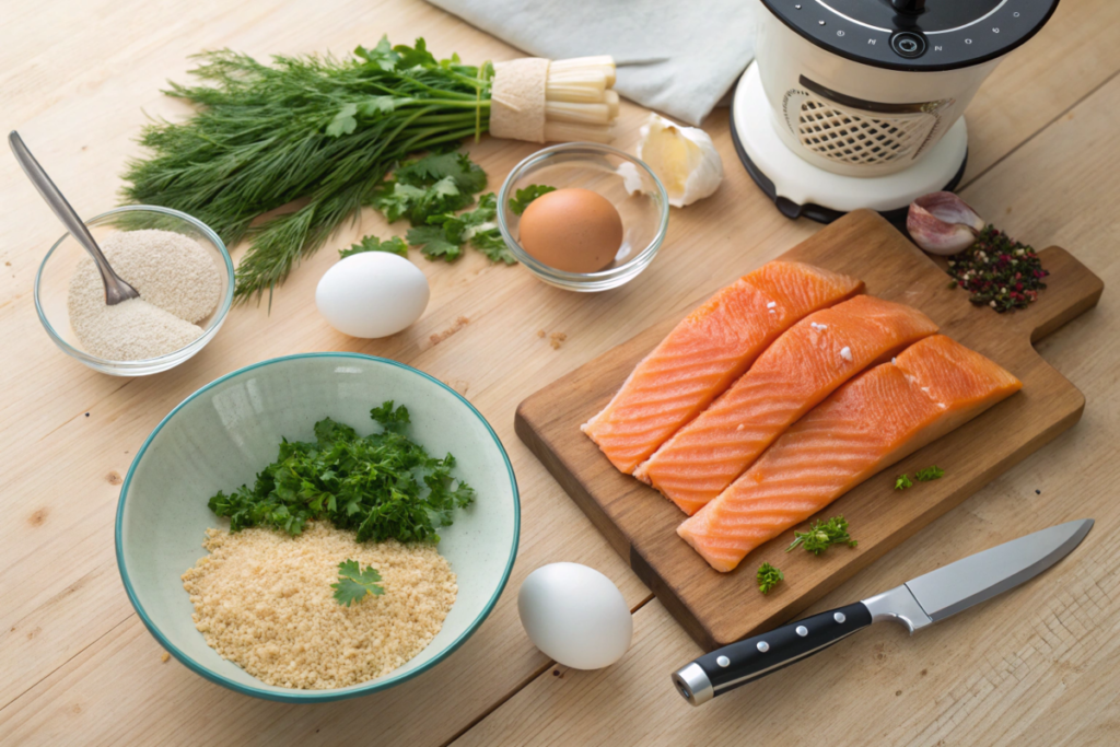 Ingredients for salmon fish balls, including fresh salmon fillets, breadcrumbs, eggs, herbs, garlic, and spices, arranged on a wooden countertop.