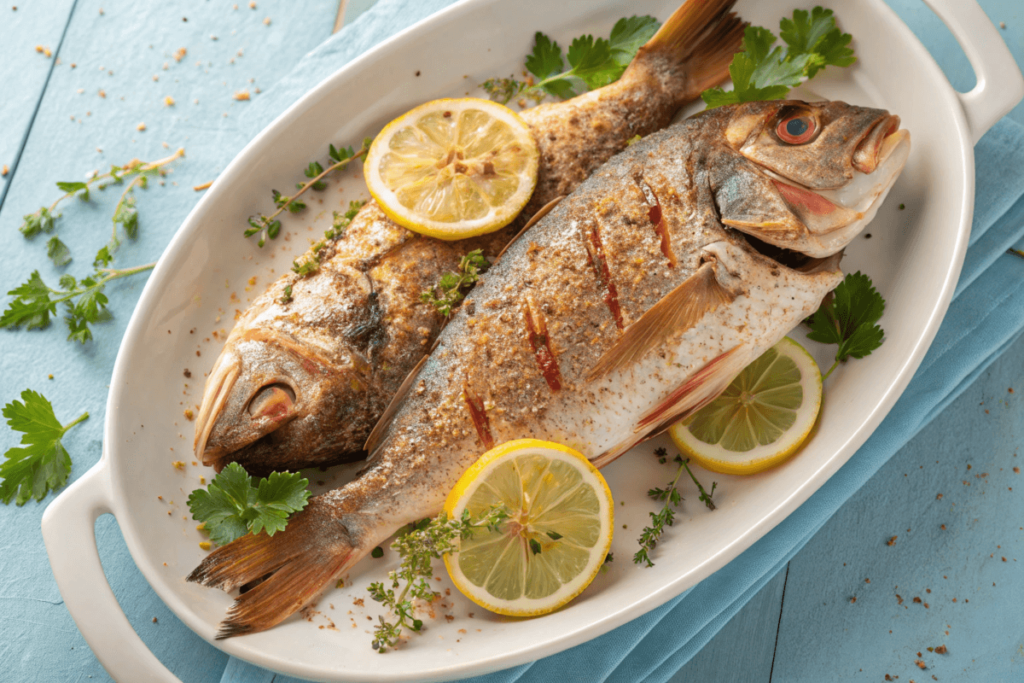 Fresh whole yellowtail fish on a wooden cutting board surrounded by lemons, herbs, and garlic, ready for preparation in a kitchen setting.