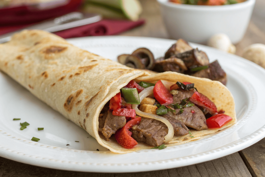  A crepe layered with mushroom duxelles, a seared beef tenderloin slice, and prosciutto, ready to be rolled.
