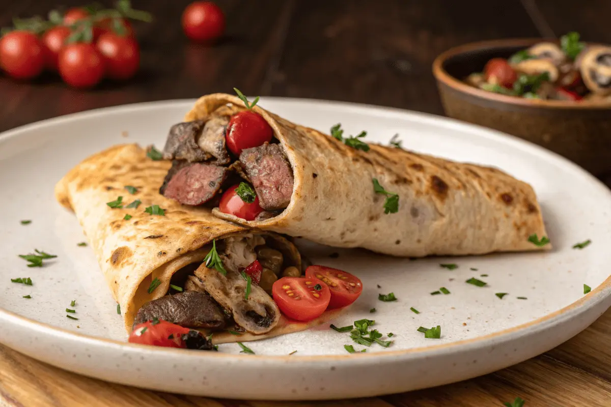 A sliced Beef Wellington Crepe revealing layers of tender beef, mushroom duxelles, and crepe, garnished with fresh herbs and sauce.