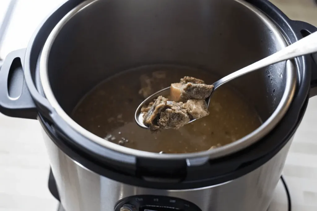 Beef simmering in a rich, flavorful sauce for authentic beef pares.
