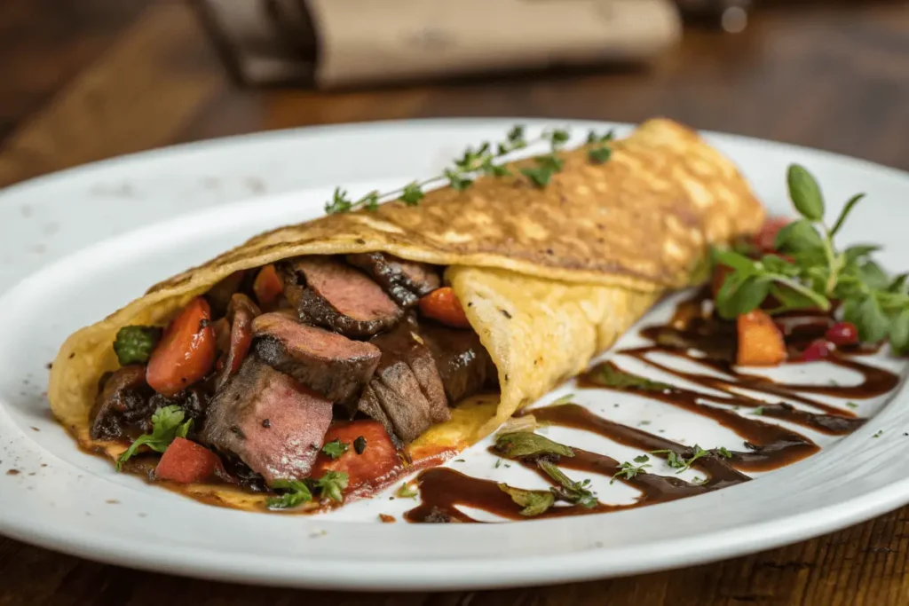A golden, thin crepe cooking on a non-stick skillet over medium heat.