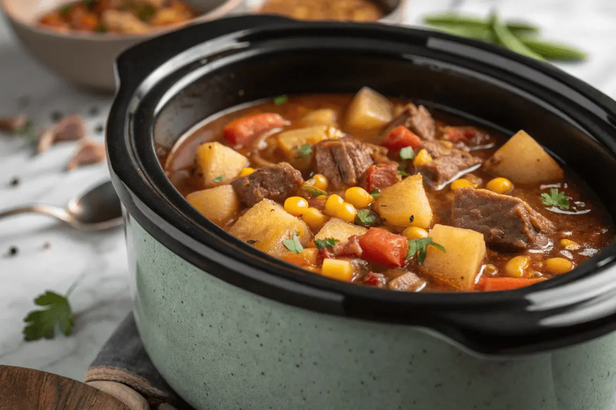 A hearty and delicious crock pot meal with ground beef, vegetables, and spices, perfect for easy weeknight dinners.