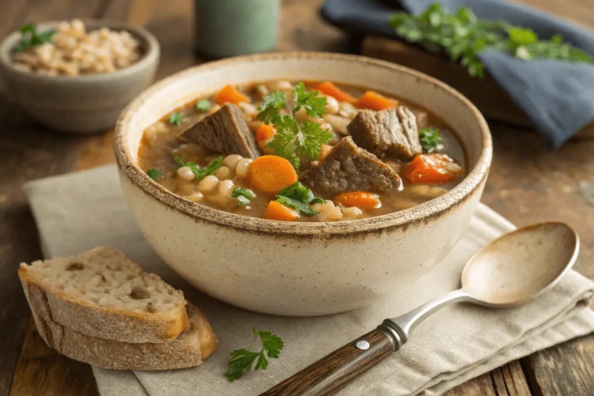 A happy family gathered around a dinner table, enjoying bowls of homemade beef and barley soup.