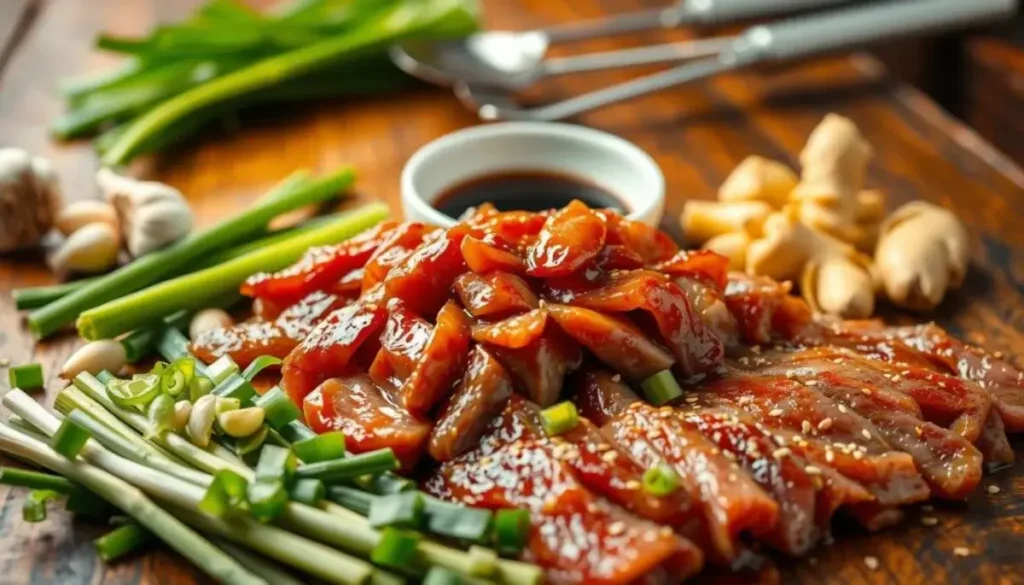 A top-down view of ingredients for homemade bulgogi, including soy sauce, sesame oil, garlic, sugar, and ground beef