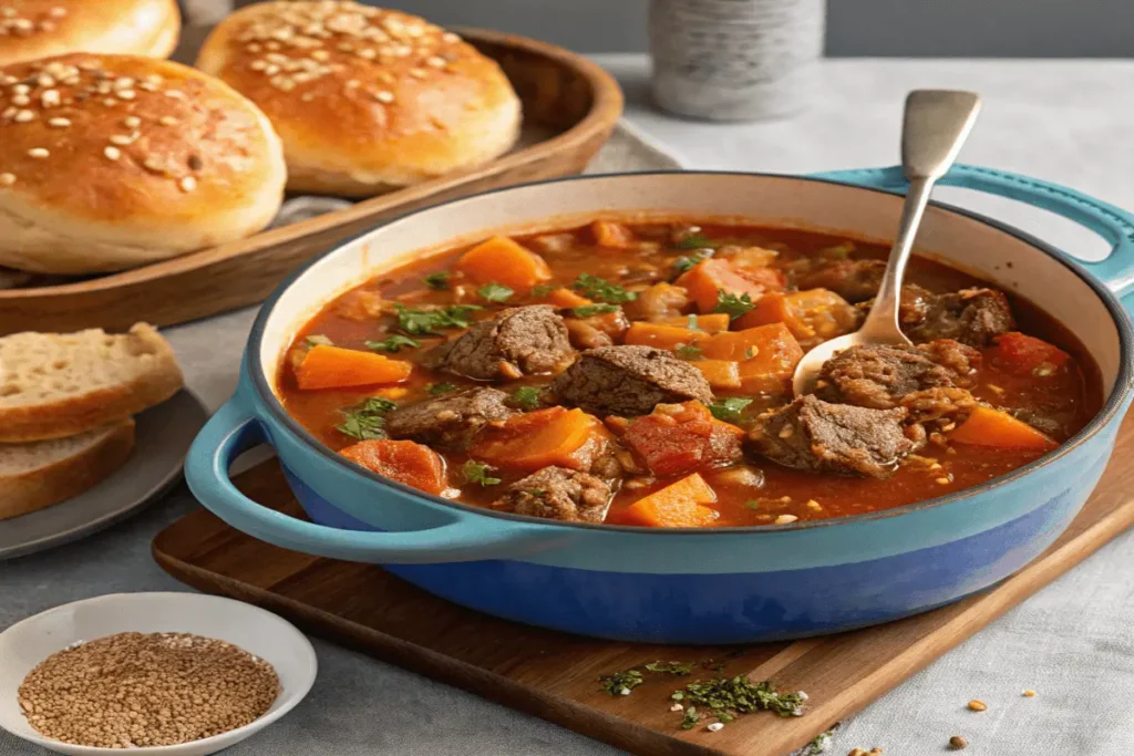 A cozy family dinner table with plates of slow-cooked ground beef, glasses of water, and a rustic kitchen backdrop.