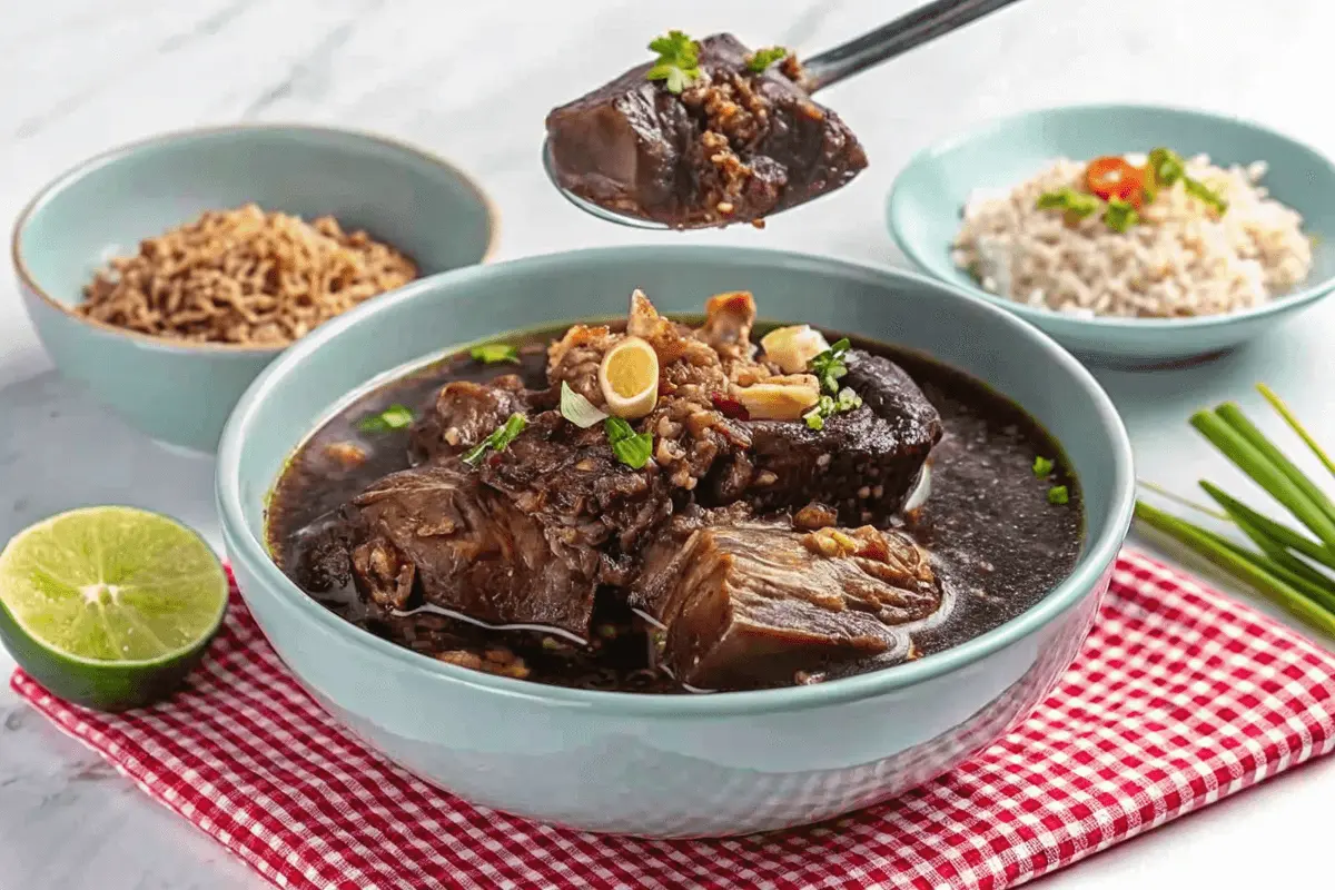 Close-up of tender beef pares garnished with chopped green onions