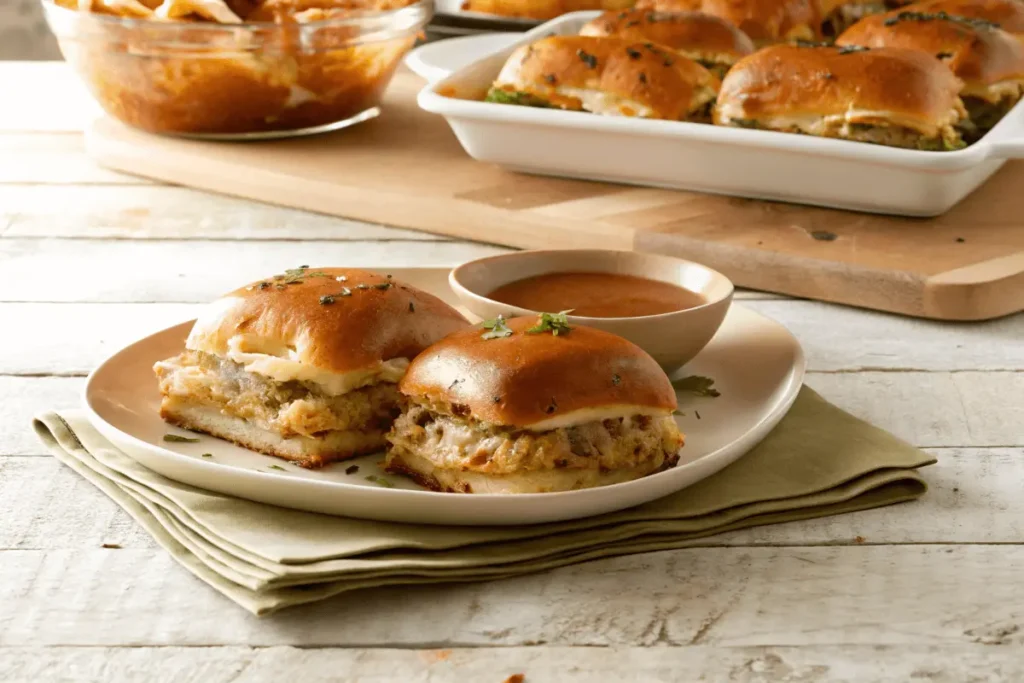 A tray of golden-brown sliders fresh out of the oven, with the butter-mustard glaze glistening on top.