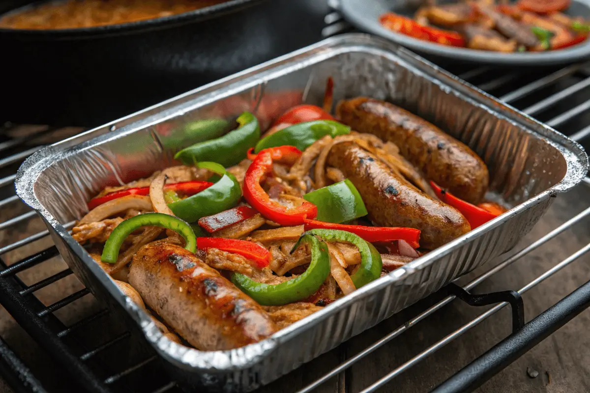 Grilled beef sausage served with roasted vegetables on a rustic wooden plate