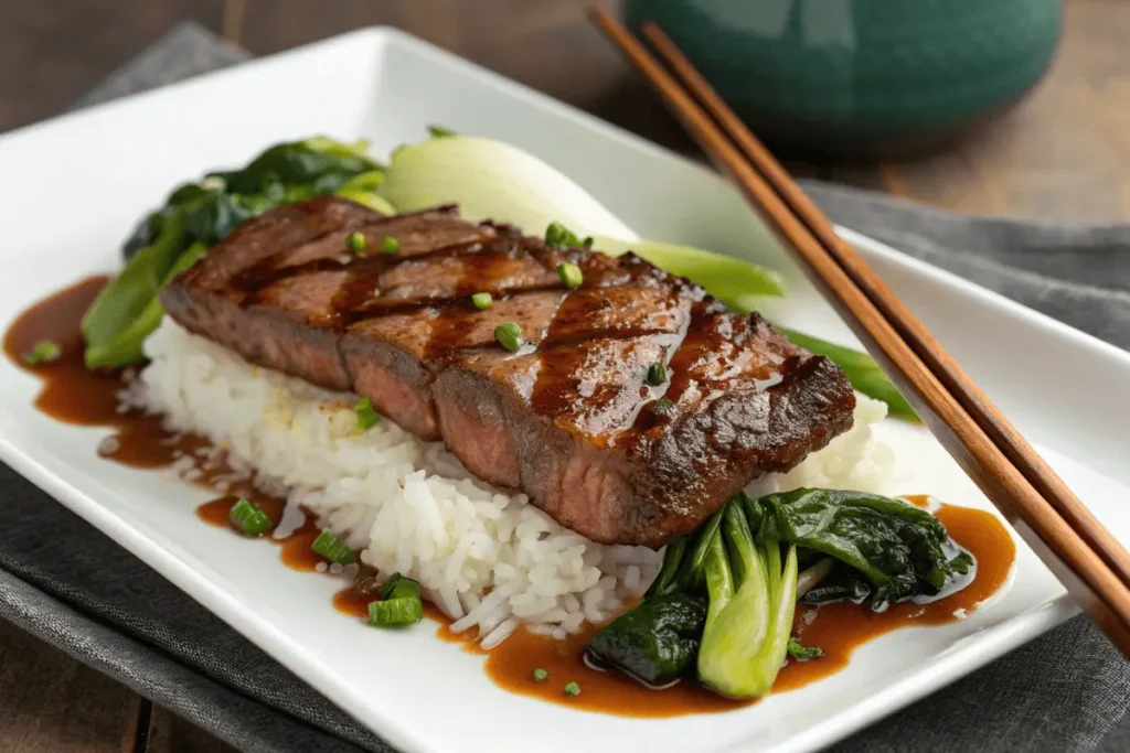 Grilled Wagyu strip steak coated in a shiny Asian soy-honey glaze, served with steamed jasmine rice and garlic bok choy on a modern dining plate.