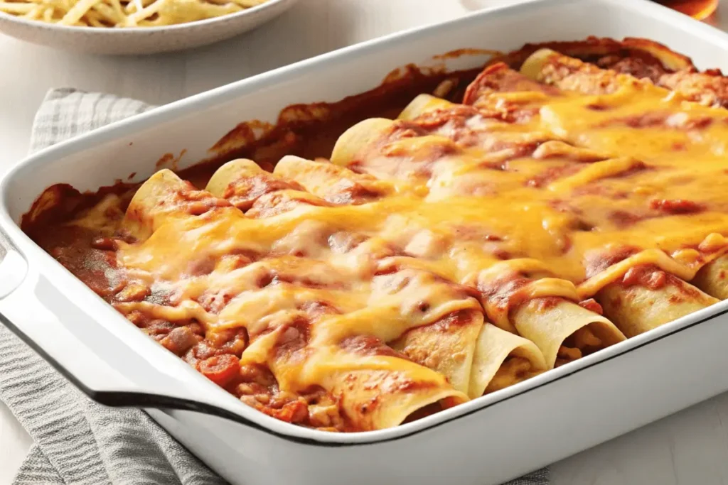 A baked enchilada casserole filled with ground beef and spinach, topped with melted cheese and red enchilada sauce