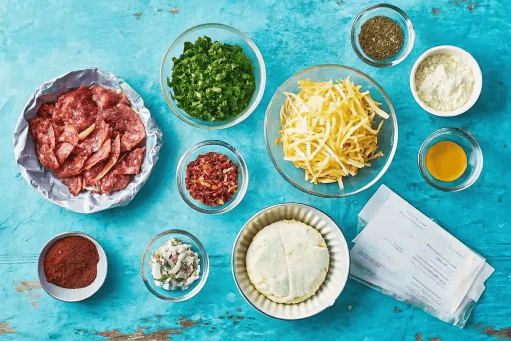 A top-down view of cream cheese, dried beef, green onions, Worcestershire sauce, and seasonings arranged on a wooden countertop