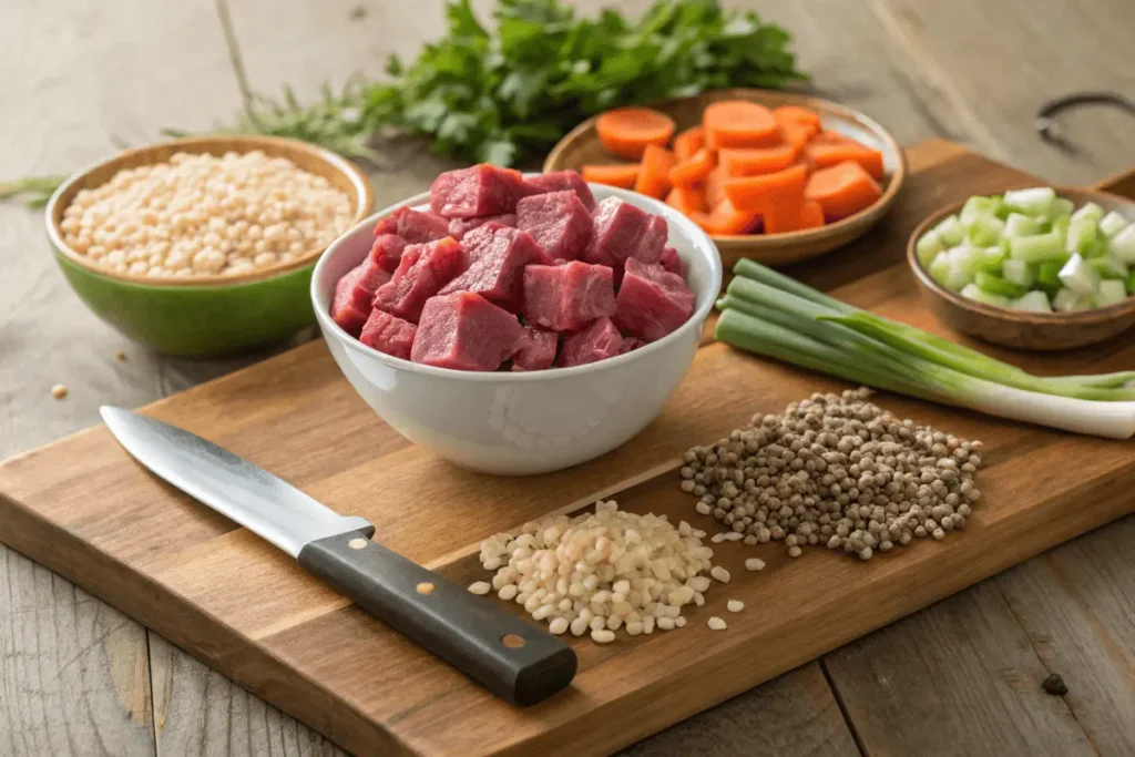  Fresh ingredients for beef and barley soup, including beef, barley, carrots, celery, onions, and herbs on a wooden countertop.