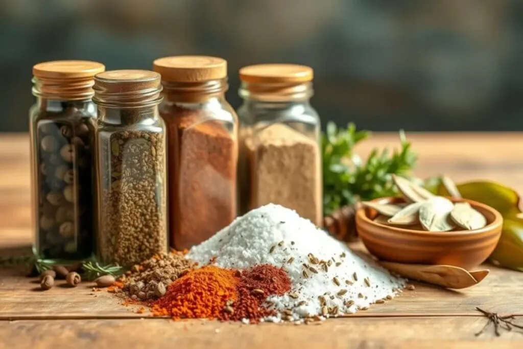 A rustic wooden table with bowls of spices like thyme, rosemary, cayenne pepper, and black pepper