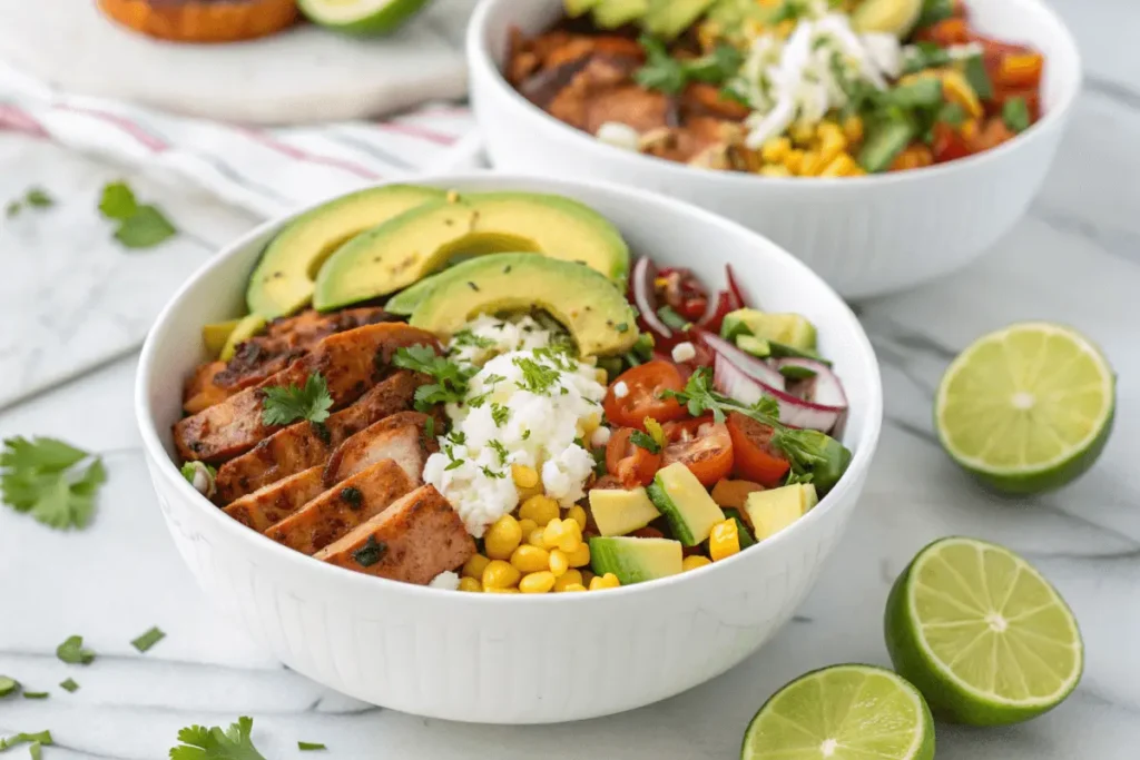 A colorful low-carb Mexican bowl with seasoned ground beef, sautéed spinach, avocado slices, and cauliflower rice.