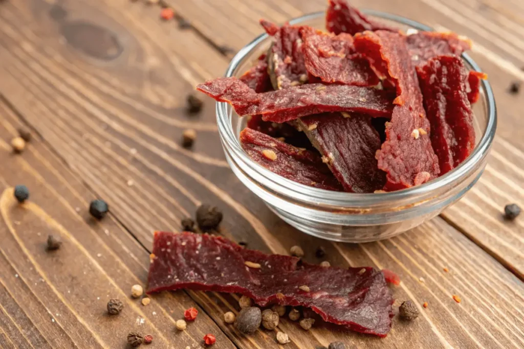 Beef strips marinating in a bag with soy sauce, garlic, and ginger.