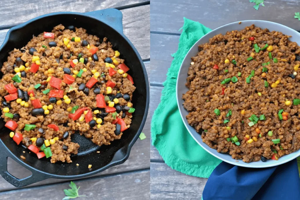 Sizzling Mexican ground beef and spinach skillet topped with melted cheese and cilantro.
