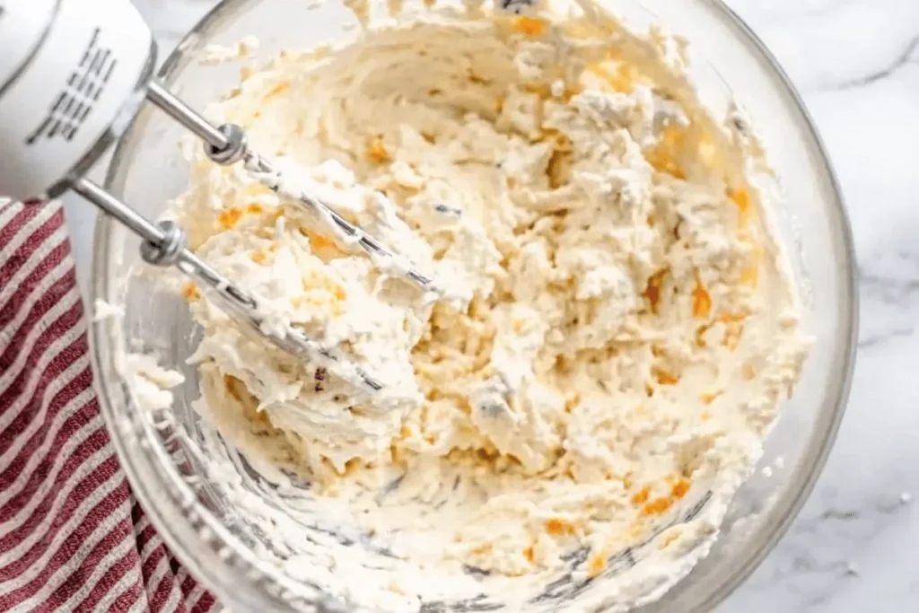 A bowl with softened cream cheese, chopped dried beef, green onions, and seasonings being mixed with a spatula.