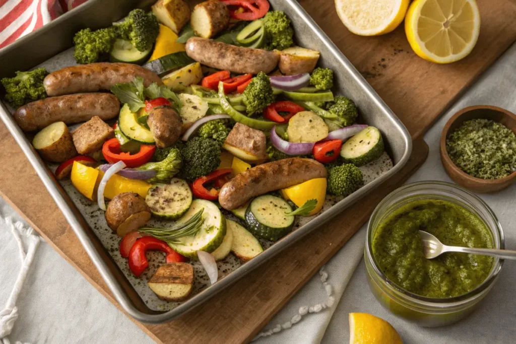 One-pan beef sausage with bell peppers and onions in a skillet