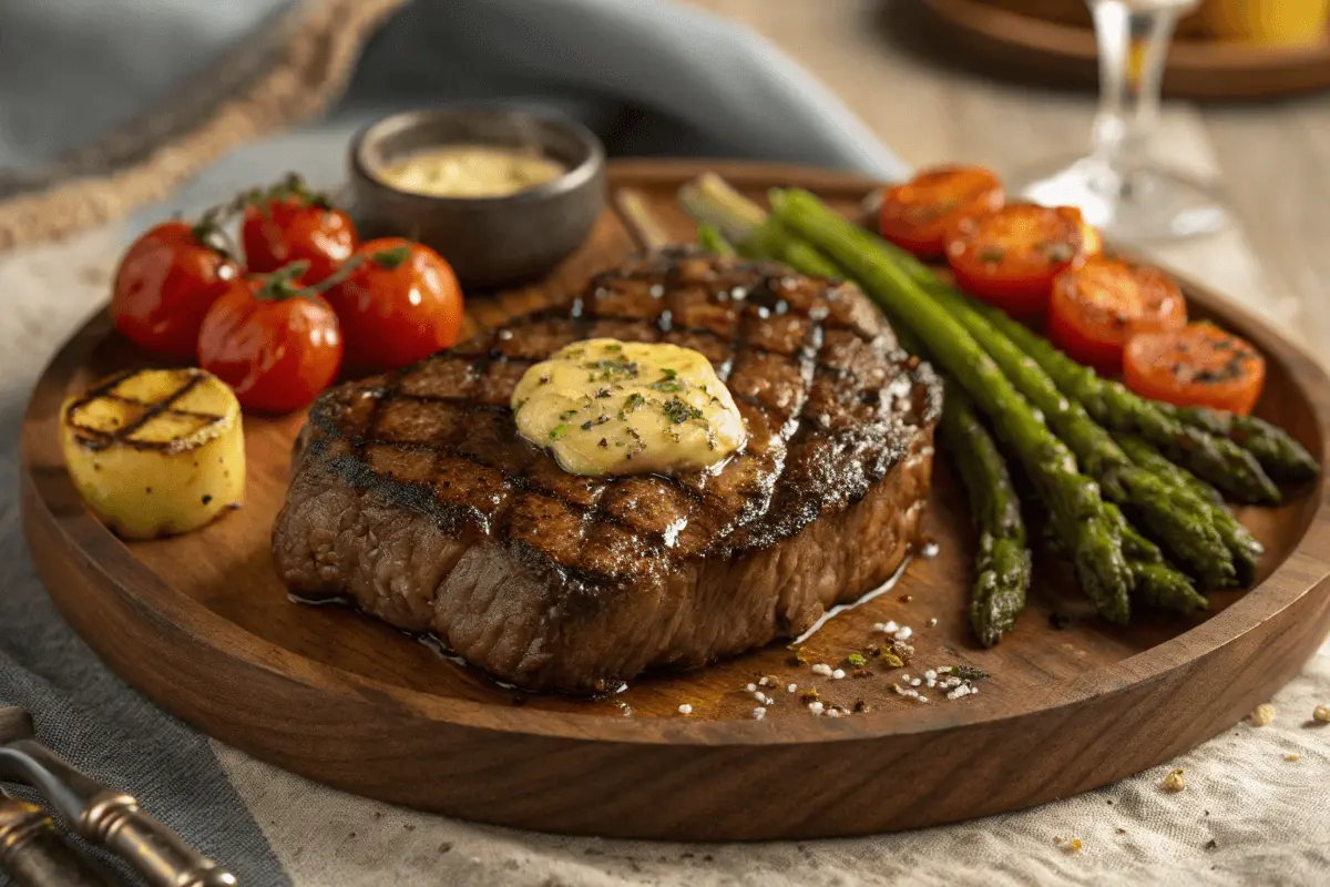 : Close-up of a perfectly seared Wagyu ribeye steak topped with melting herb butter, served on a rustic wooden platter with grilled vegetables.