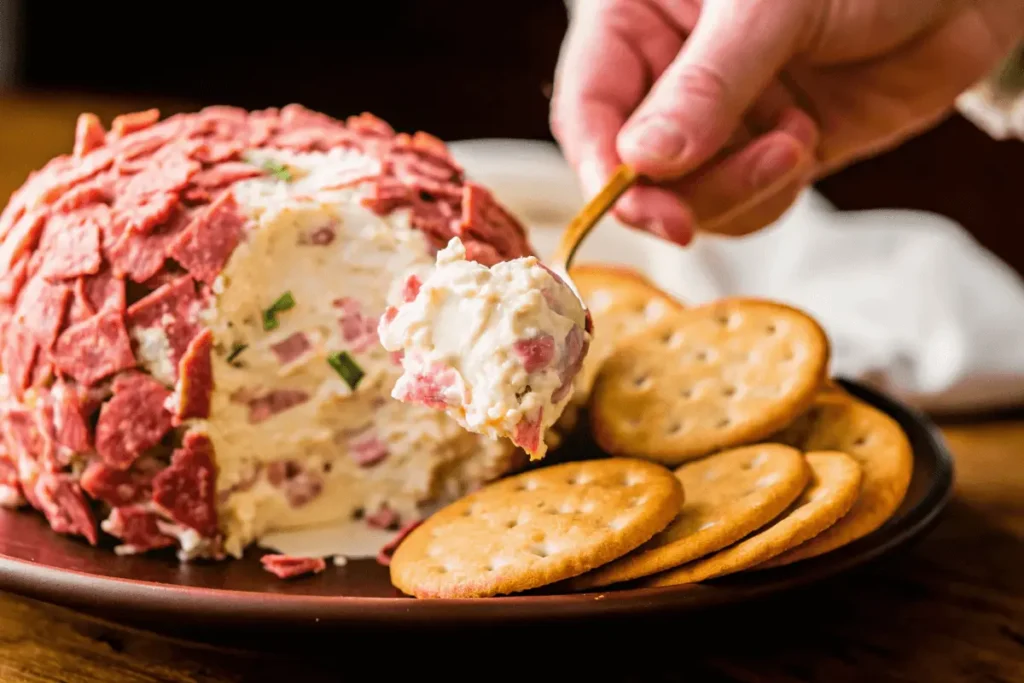  A beautifully plated dried beef cheese ball, garnished with fresh herbs and served with an assortment of crackers and sliced vegetables.