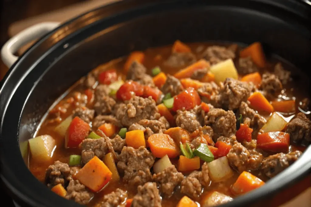 A plated dish of slow-cooked ground beef with white rice, roasted vegetables, and garnished with fresh parsley and grated cheese.