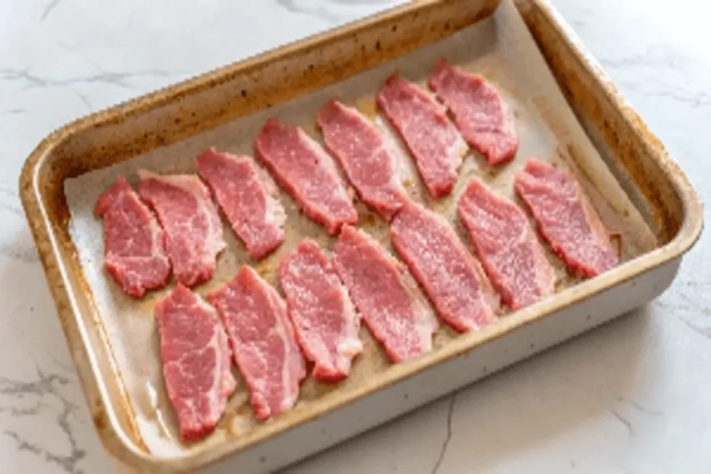 Prepping fresh beef slices with a rich teriyaki marinade for homemade jerky.