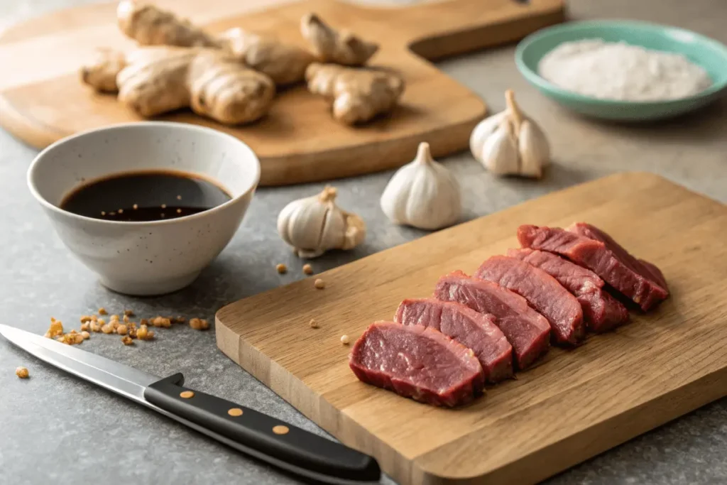 Fresh beef slices on a wooden cutting board with marinade ingredients.