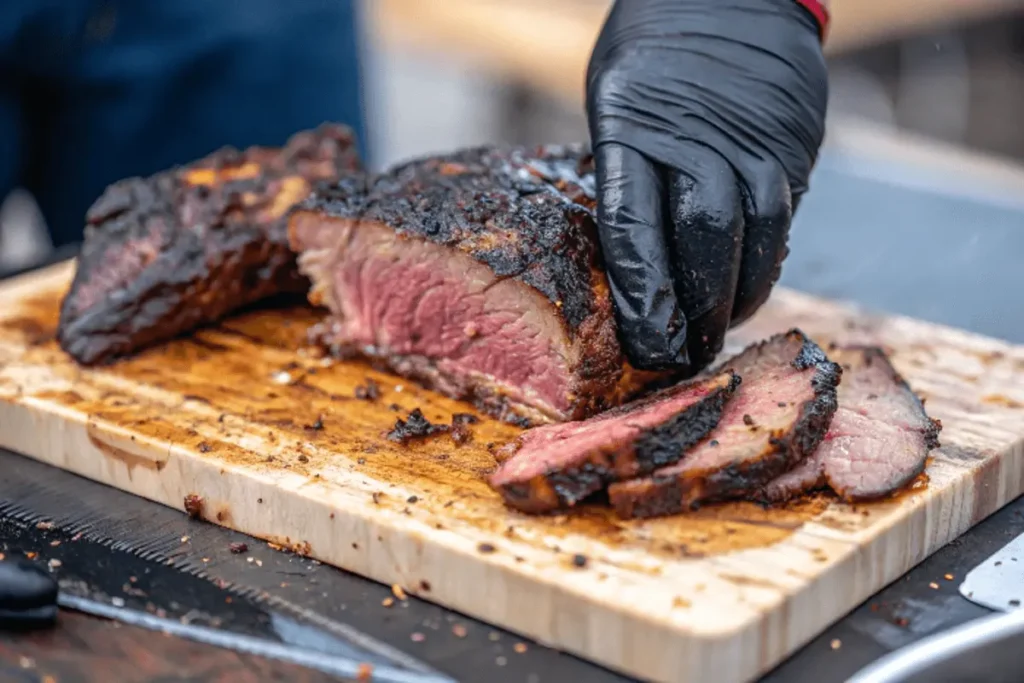 A chef trimming a beef brisket, leaving a thin layer of fat for moisture retention.
