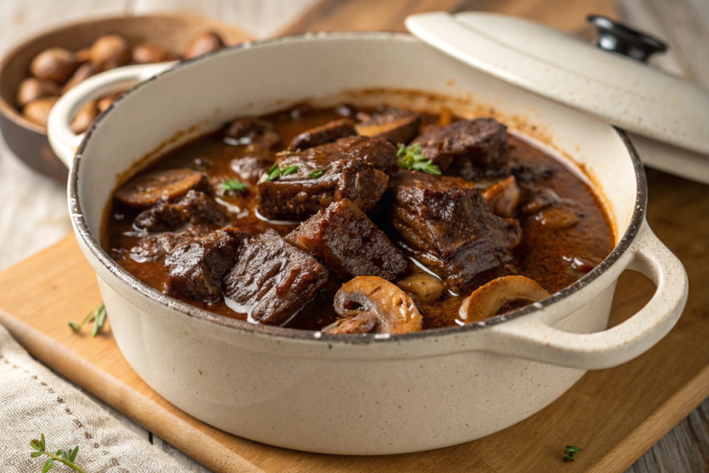 Slow-cooked beef neck bones served on a plate with rich gravy, garnished with fresh herbs.