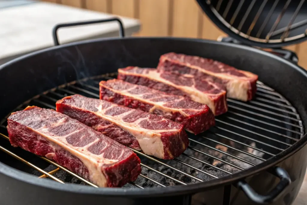 : Juicy, fall-apart boneless beef ribs in a slow cooker or oven tray, coated in a rich barbecue glaze.