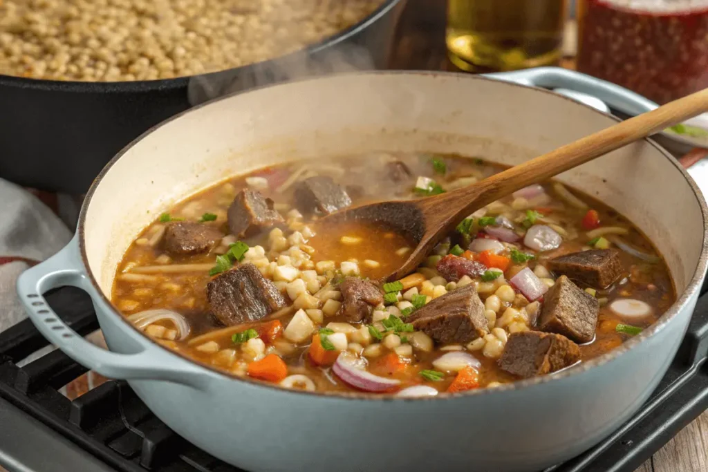 Beef and barley soup simmering in a slow cooker, filled with broth, vegetables, and herbs.