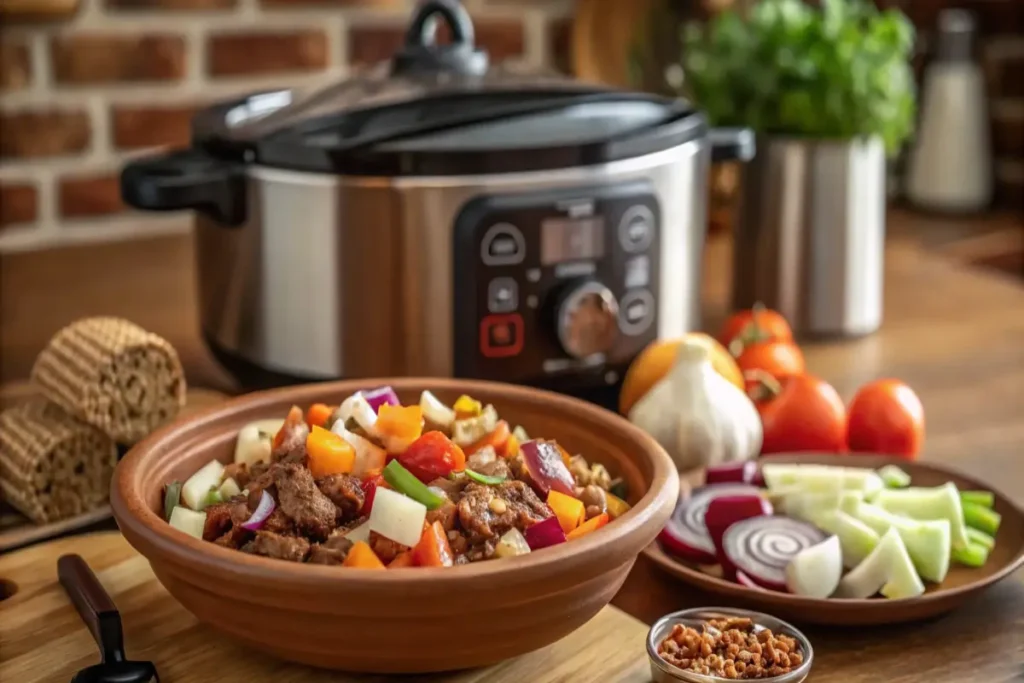 Slow cooker filled with browned ground beef, tomatoes, bell peppers, and spices, with gentle steam rising