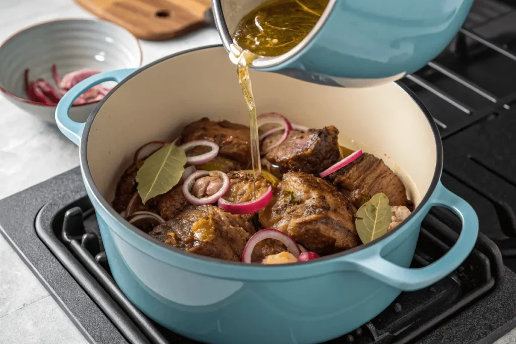 Beef neck bones simmering in a slow cooker with broth and vegetables.