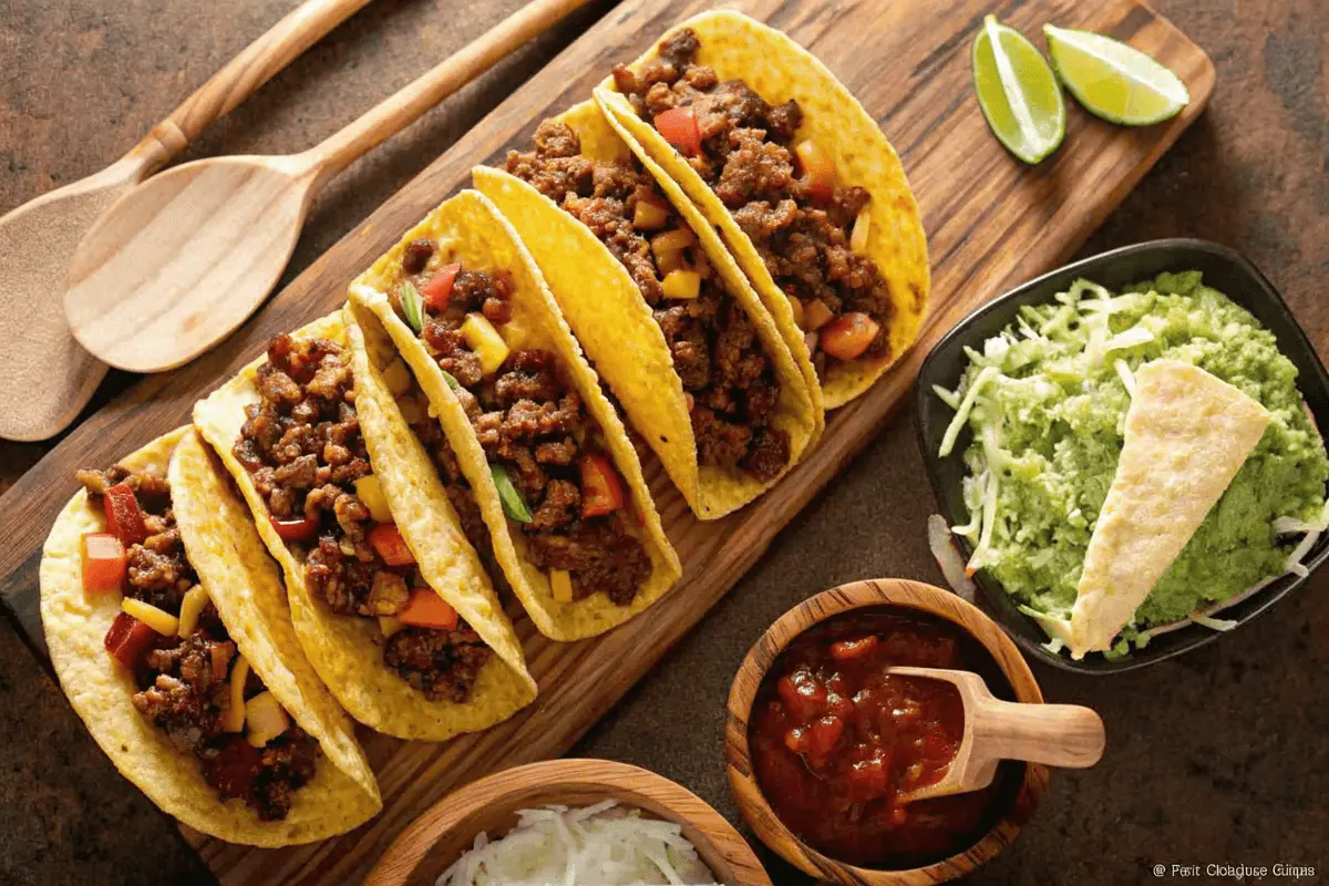 Spicy ground beef and spinach tacos topped with cheese and cilantro.