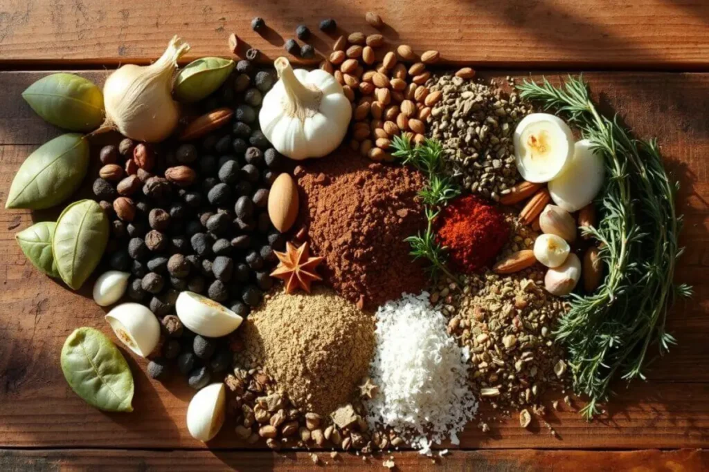 A variety of spices and herbs, including thyme, rosemary, and bay leaves, spread out on a wooden surface.