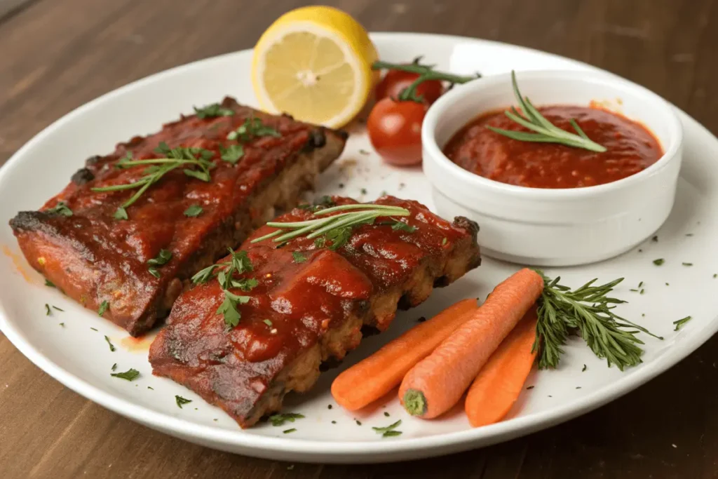  A neatly arranged display of ingredients for boneless beef ribs, including raw beef ribs, spices, barbecue sauce, garlic, onion, brown sugar, and fresh herbs.