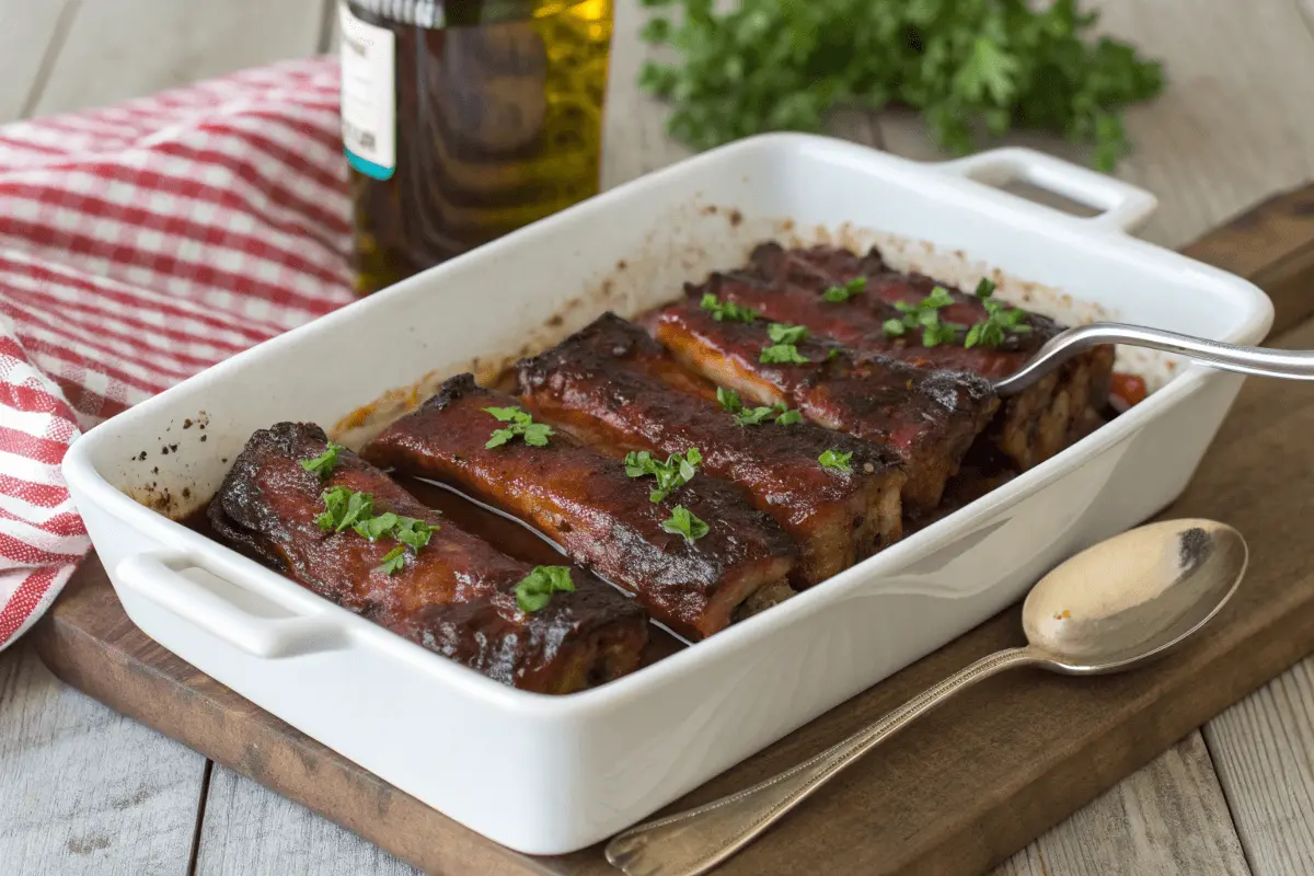 : A plate of perfectly cooked boneless beef ribs glazed with barbecue sauce, served with mashed potatoes and grilled vegetables.