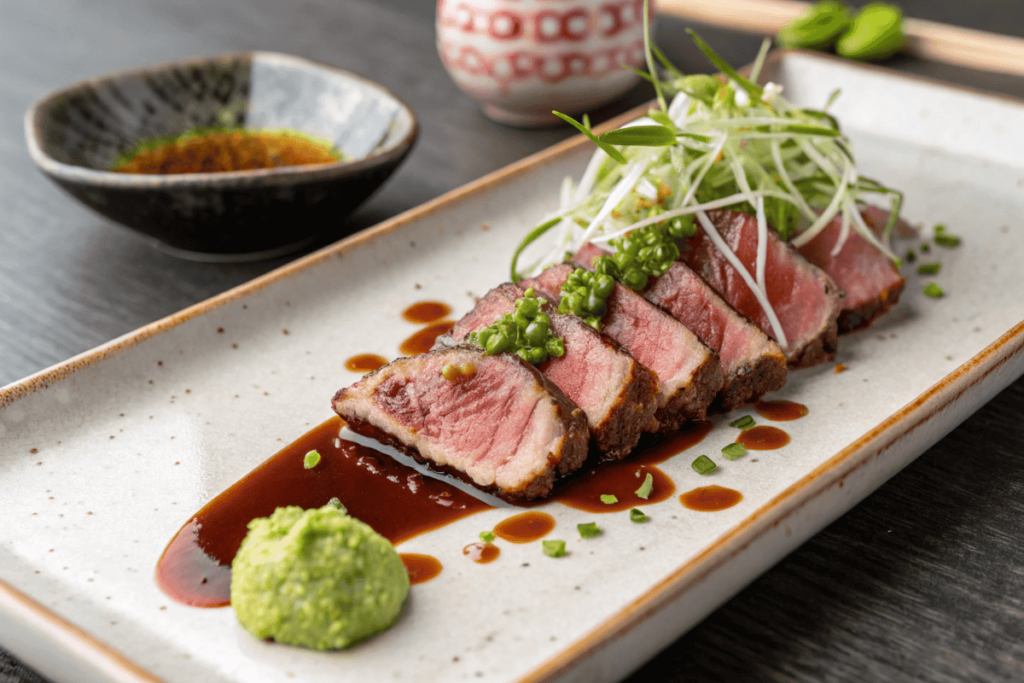 Elegantly plated Wagyu Beef Tataki drizzled with ponzu sauce, garnished with green onions and fresh herbs on a minimalist Japanese ceramic plate.