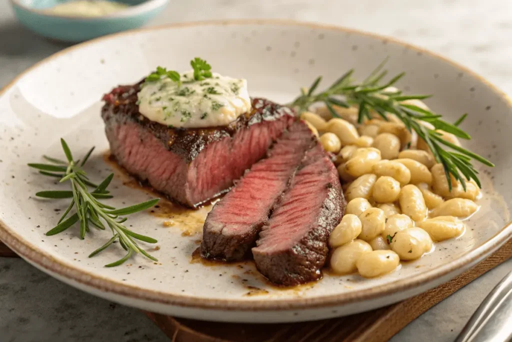 Tender Wagyu Chuck Denver Steak served with creamy rosemary butter beans, garnished with fresh herbs on a rustic ceramic plate.