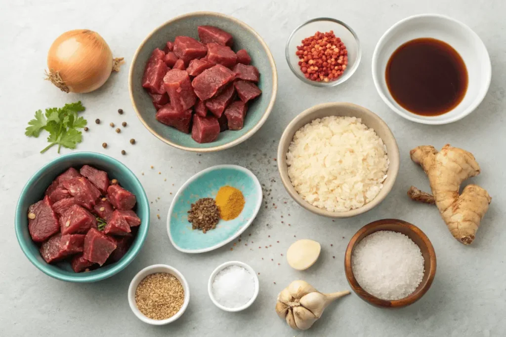 Fresh ingredients for authentic beef pares, including beef brisket, garlic, onions, soy sauce, and spices.