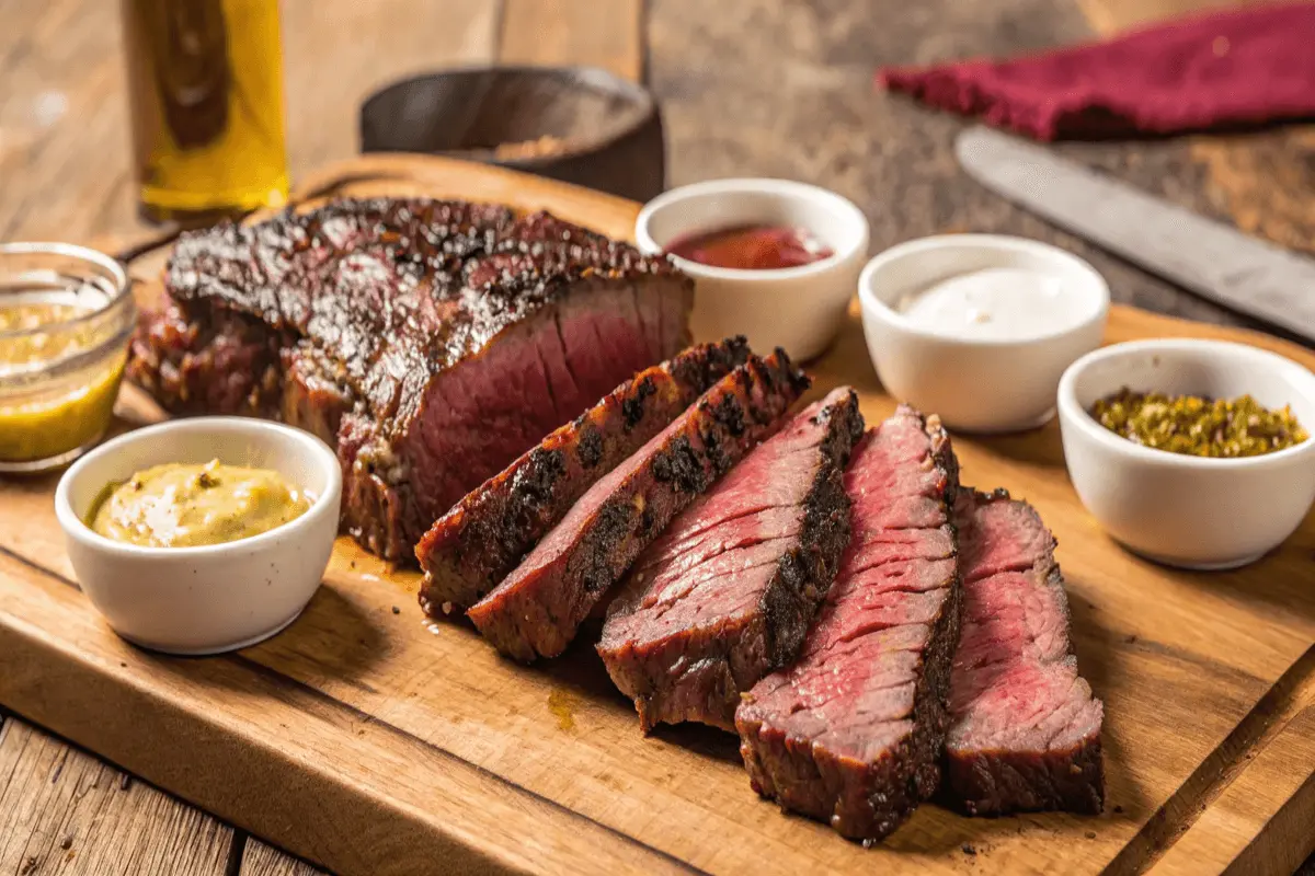 Sliced smoked corned beef on a wooden board, showcasing a pink center and caramelized crust