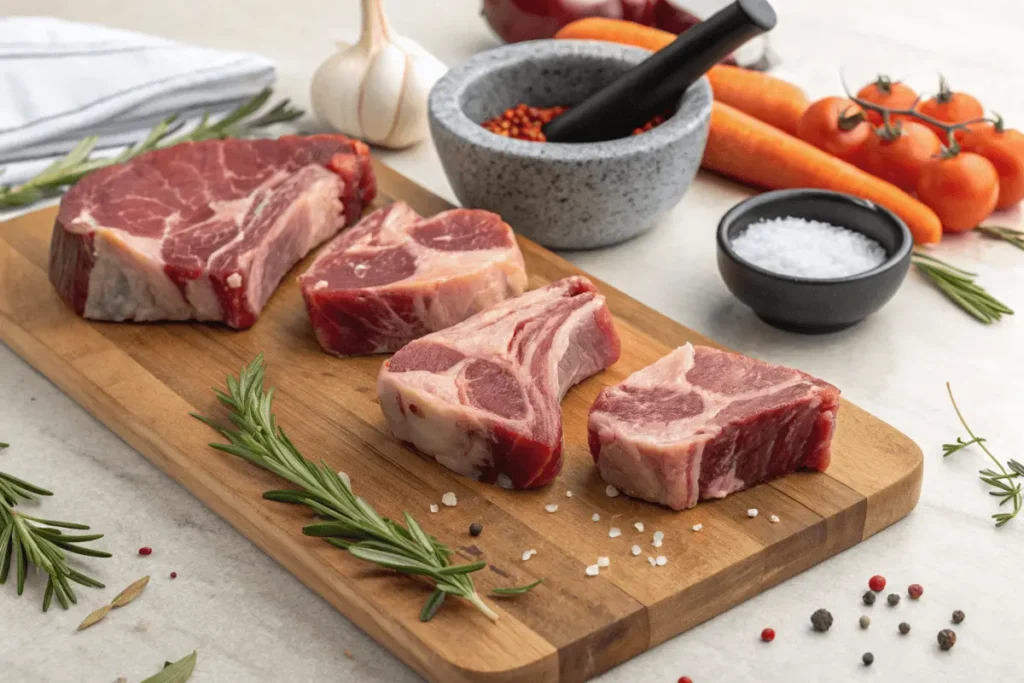 Fresh beef neck bones with onions, carrots, garlic, thyme, red wine, and seasonings on a wooden countertop.