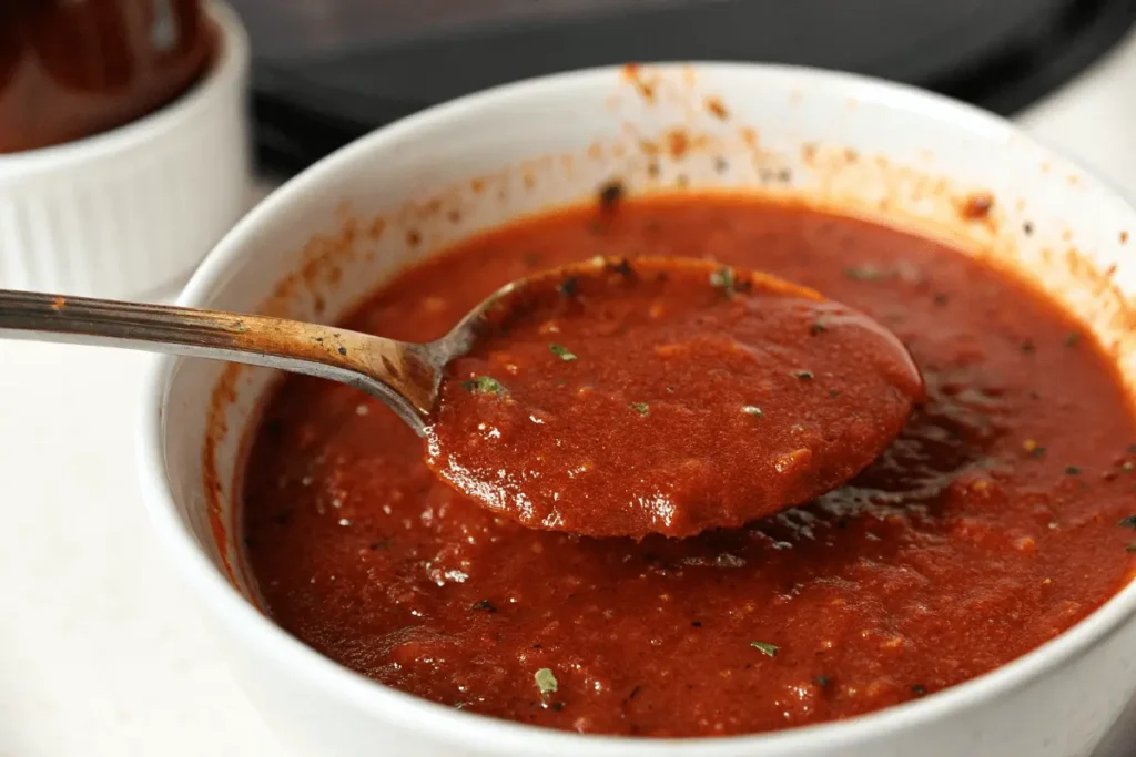 Enchilada sauce being poured into a pot with ground beef and beans.