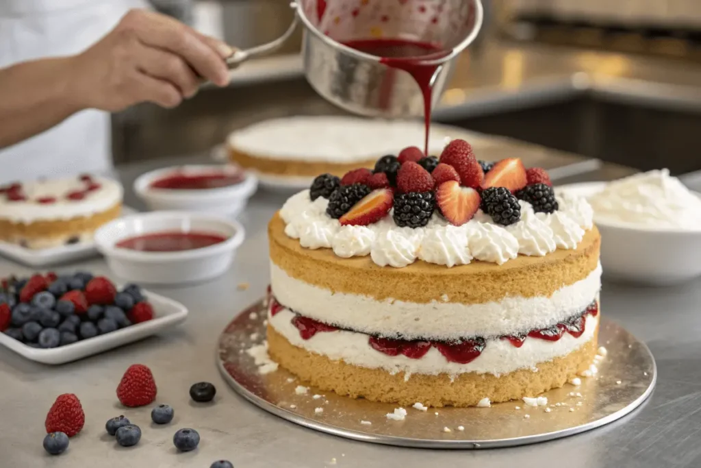  A baker assembling a berry cake, layering whipped cream and fresh berries with tres leches syrup drizzled over the sponge.