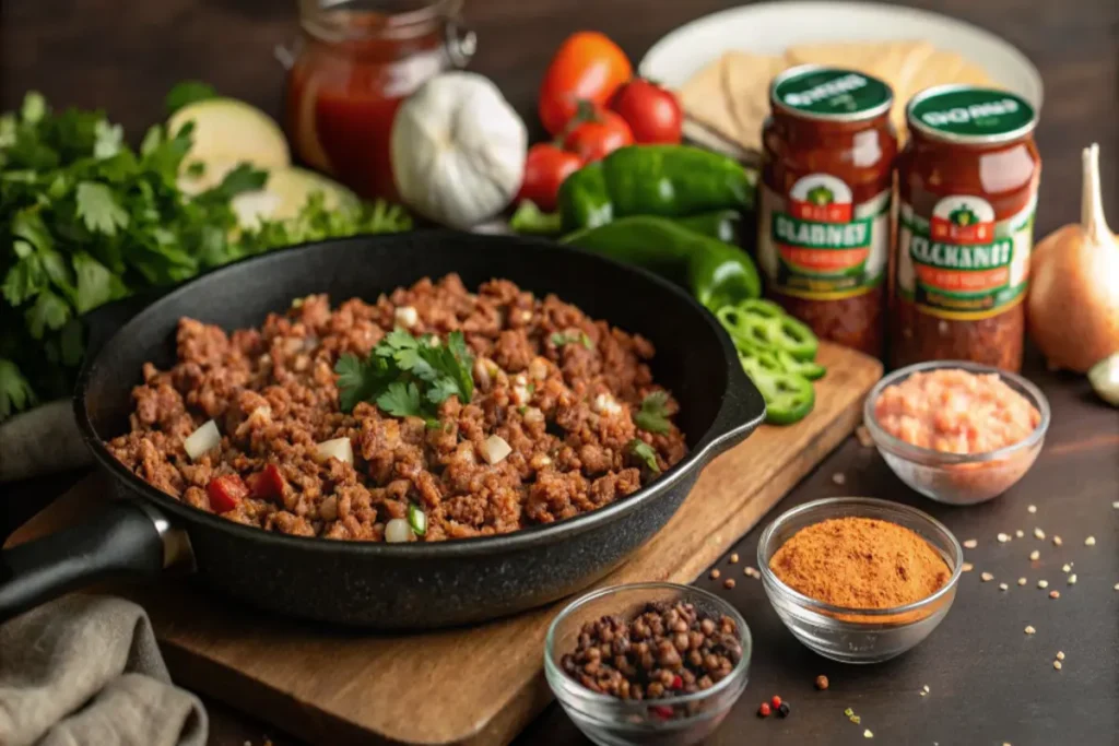 Ground beef browning in a skillet with diced onions and bell peppers.