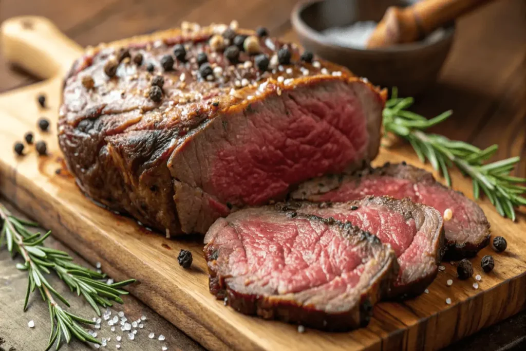 A beautifully carved rib eye roast, sliced against the grain, served on a platter with roasted vegetables and gravy