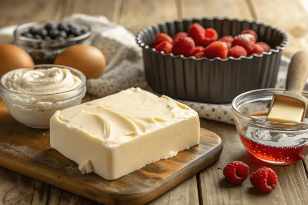 Ingredients for a cheese and cake recipe on a wooden countertop, including cream cheese, butter, sugar, and vanilla extract, with a mixing bowl and springform pan.