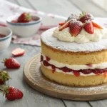 Beautifully styled Victoria cake with layers of sponge, raspberry jam, and whipped cream, dusted with powdered sugar and topped with fresh strawberries.