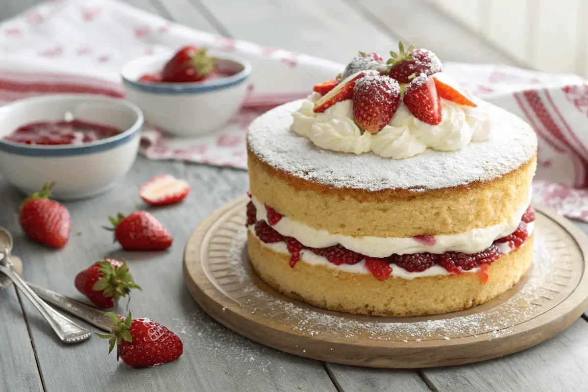 Beautifully styled Victoria cake with layers of sponge, raspberry jam, and whipped cream, dusted with powdered sugar and topped with fresh strawberries.